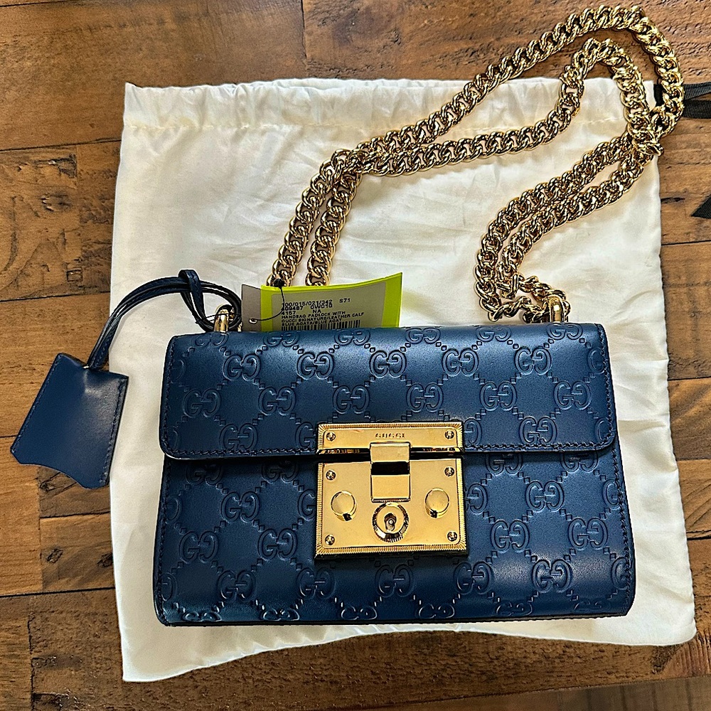 GUCCI Guccissima Small Padlock Shoulder Bag Blue Agata
